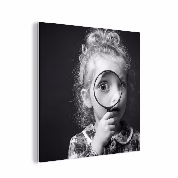 Aluminium schilderij - Kind - Vergrootglas - Portret - Zwart-wit — 1
