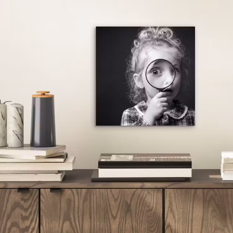 Aluminium schilderij - Kind - Vergrootglas - Portret - Zwart-wit — 2