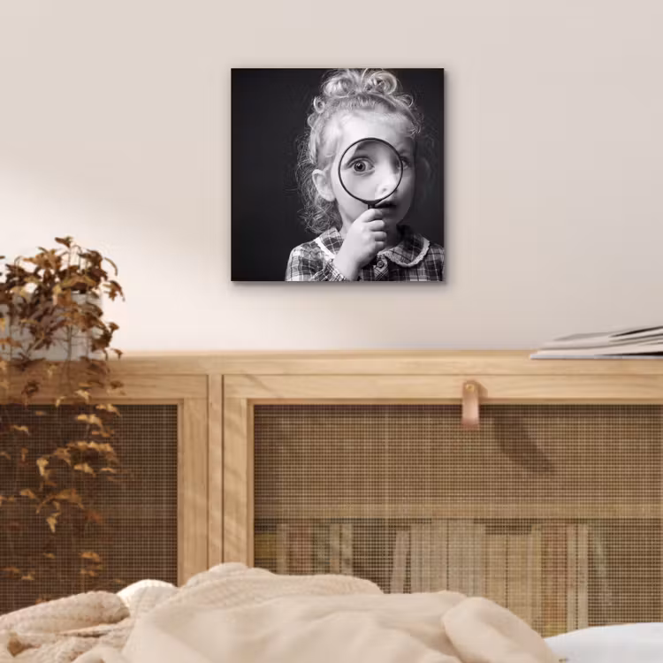 Aluminium schilderij - Kind - Vergrootglas - Portret - Zwart-wit — 4