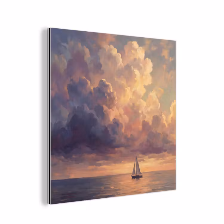 Aluminium schilderij - Boot - Zonsondergang - Zee - Natuur - Goud — 1