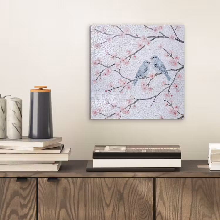 Aluminium schilderij - Vogel - Bloemen - Natuur - Mozaïek - Roze — 2