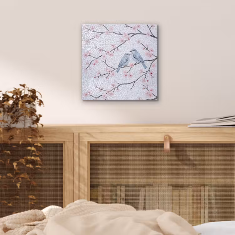 Aluminium schilderij - Vogel - Bloemen - Natuur - Mozaïek - Roze — 4