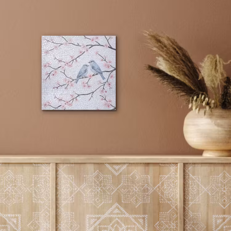 Aluminium schilderij - Vogel - Bloemen - Natuur - Mozaïek - Roze — 5