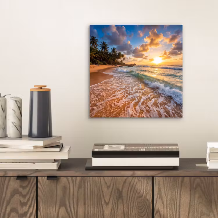Aluminium schilderij - Strand - Zonsondergang - Golven - Natuur - Goud — 2