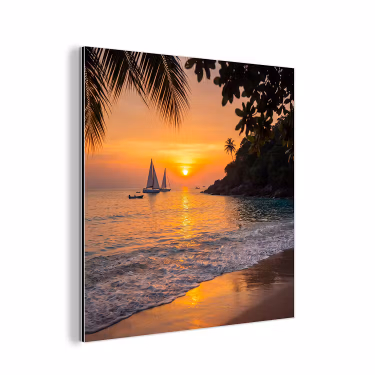 Aluminium schilderij - Zee - Zonsondergang - Boot - Natuur - Oranje — 1