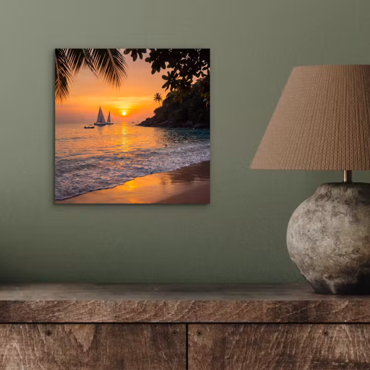 Aluminium schilderij - Zee - Zonsondergang - Boot - Natuur - Oranje — 3
