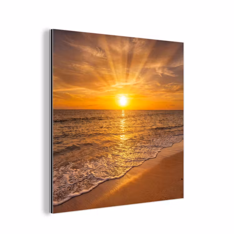 Aluminium schilderij - Zee - Zonsondergang - Golven - Kust - Oranje — 1