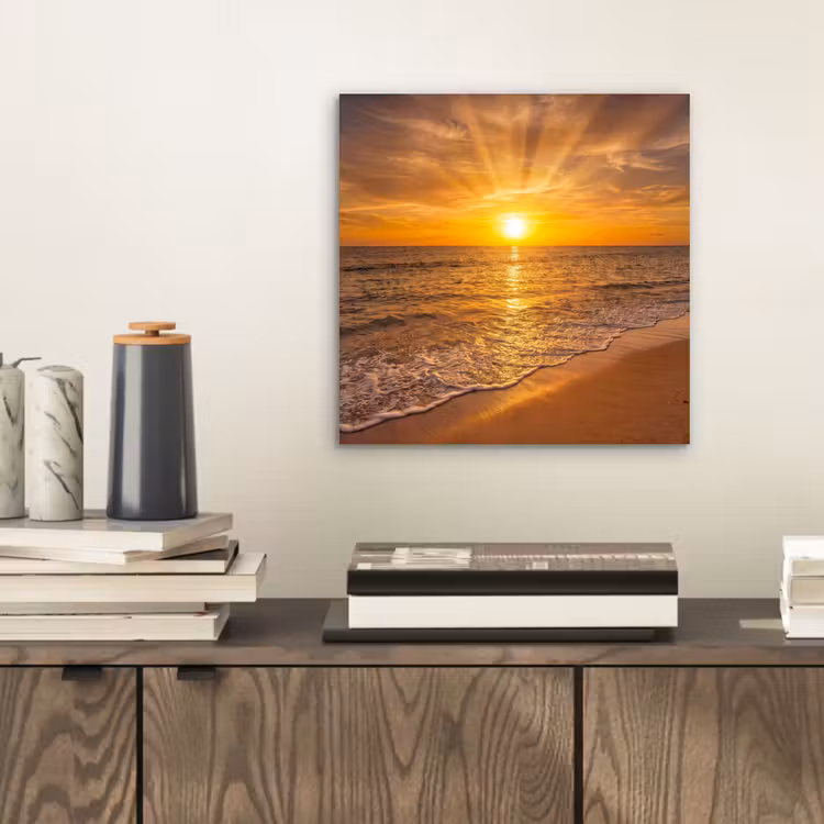Aluminium schilderij - Zee - Zonsondergang - Golven - Kust - Oranje — 2