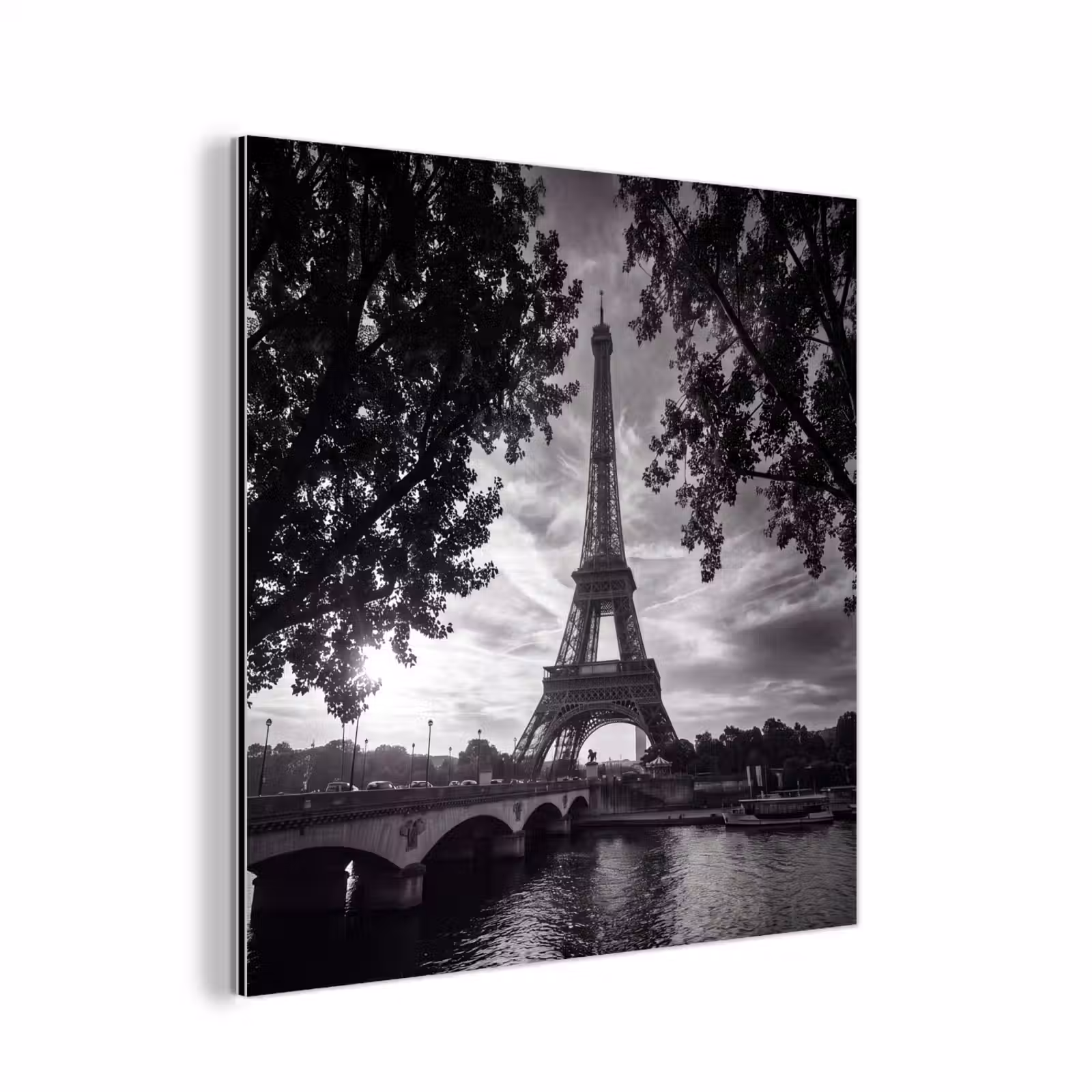 Aluminium schilderij - Eiffeltoren - Parijs - Rivier - Architectuur - Zwart-wit — 1