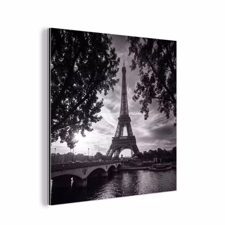 Aluminium schilderij - Eiffeltoren - Parijs - Rivier - Architectuur - Zwart-wit — 1