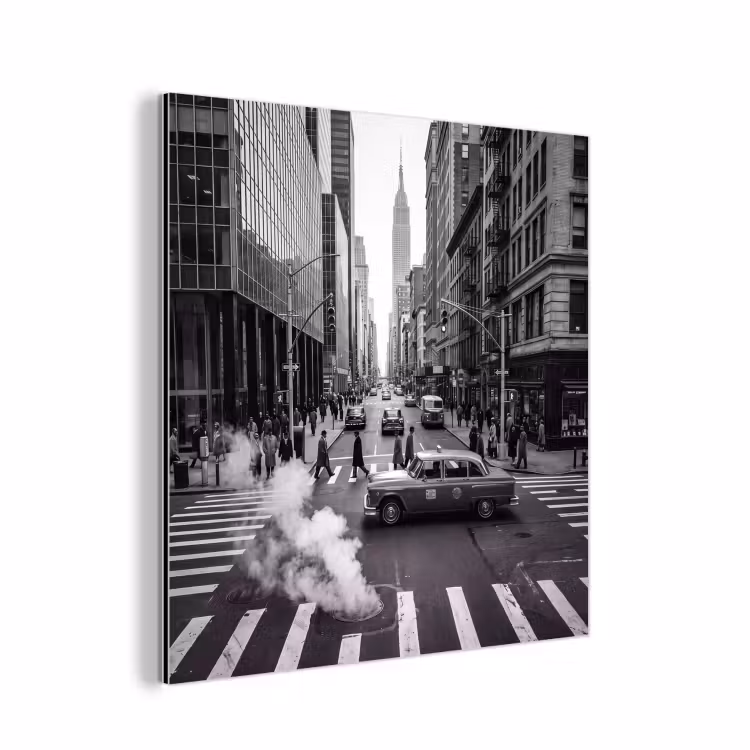 Aluminium schilderij - Stad - Straat - Gebouwen - Verkeer - Zwart-wit — 1