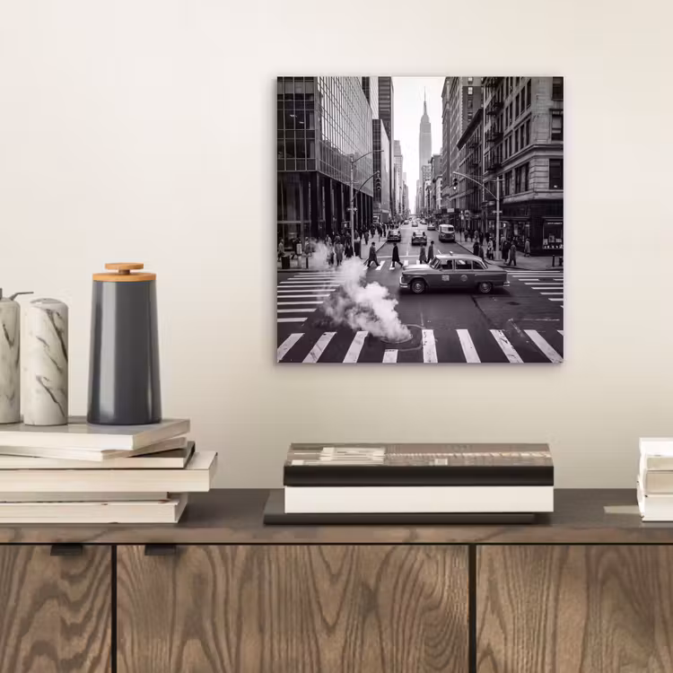 Aluminium schilderij - Stad - Straat - Gebouwen - Verkeer - Zwart-wit — 2