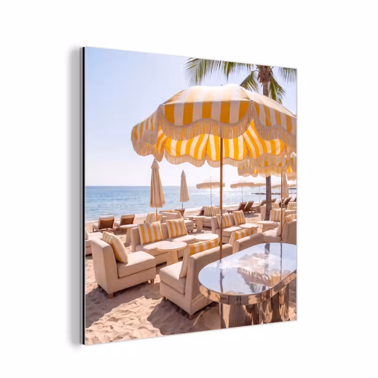 Aluminium schilderij - Strand - Ligbedden - Vakantie - Modern - Geel — 1