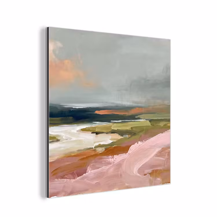 Aluminium schilderij - Landschap - Rivier - Abstract - Roze - Groen — 1