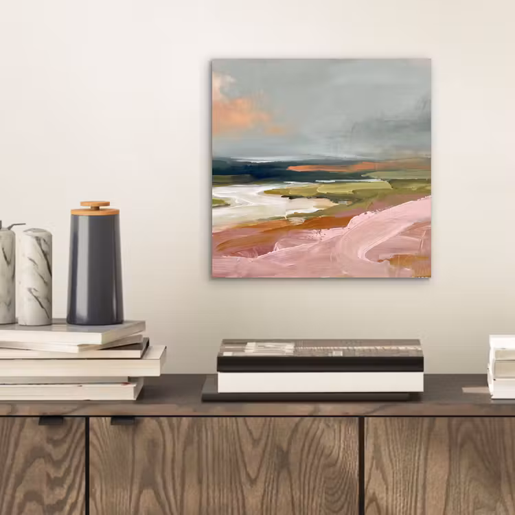 Aluminium schilderij - Landschap - Rivier - Abstract - Roze - Groen — 2