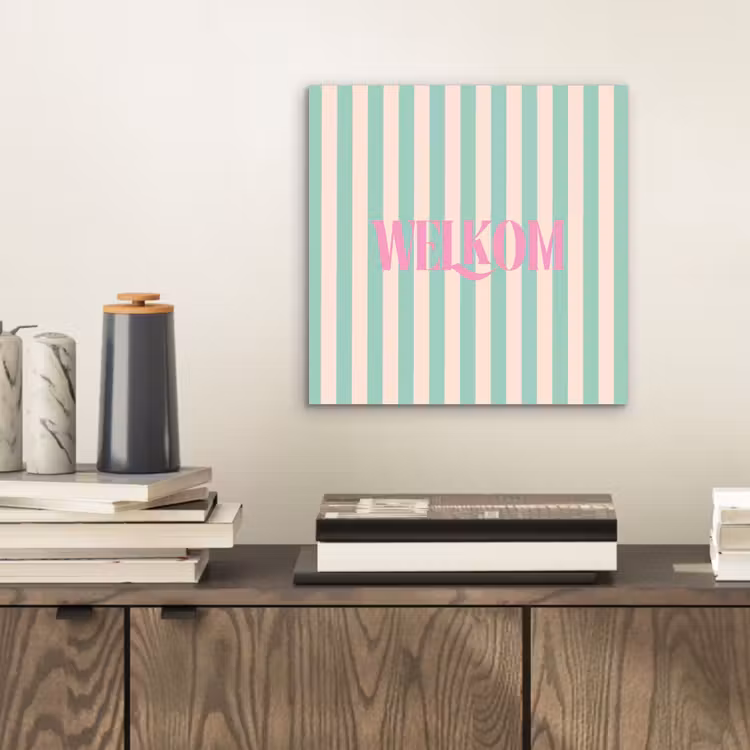 Aluminium schilderij - Roze - Groen - Strepen - Welkom — 2