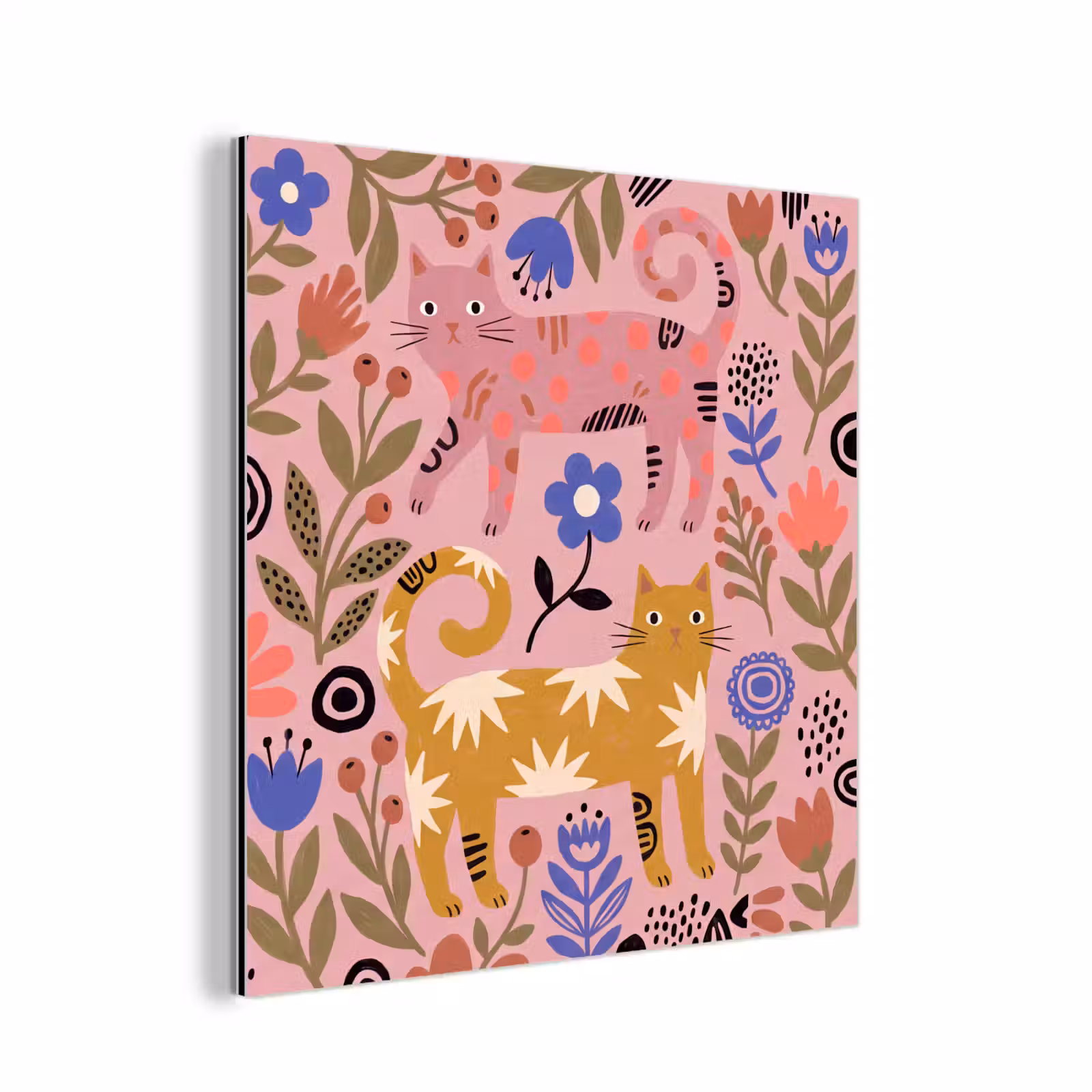 Aluminium schilderij - Kat - Bloemen - Dieren - Modern - Roze — 1