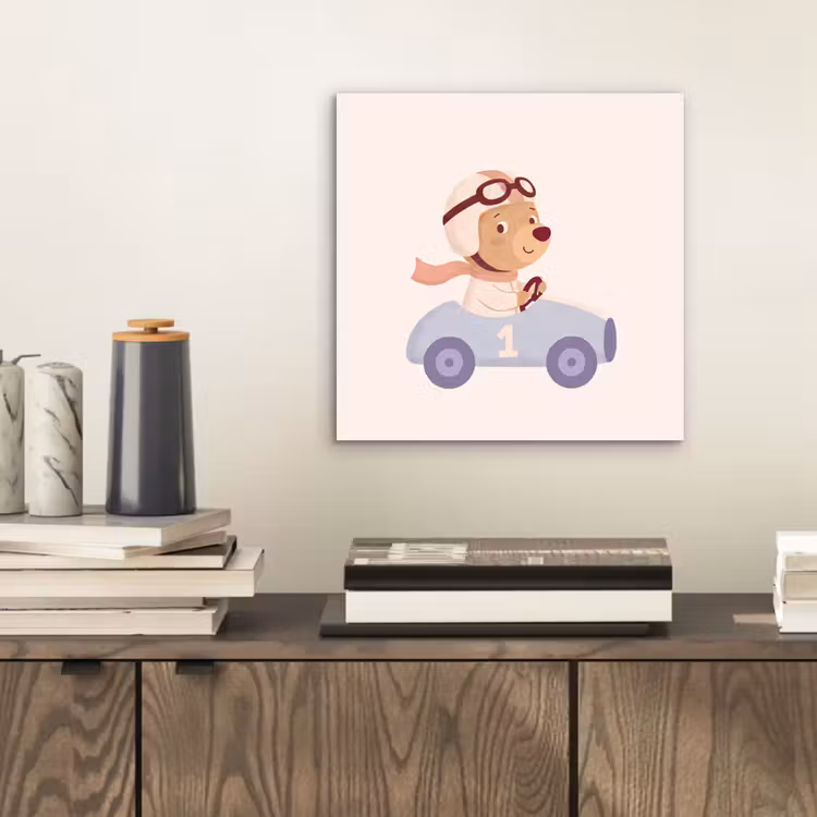 Aluminium schilderij - Beer - Auto - Kinderkamer - Cartoon - Speels — 2