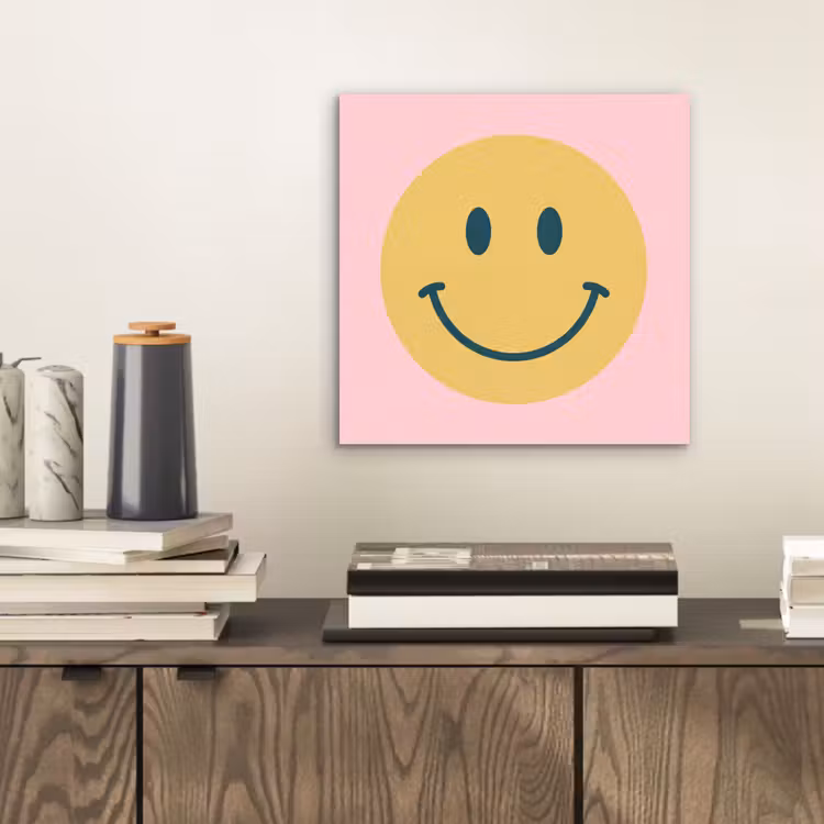 Aluminium schilderij - Smiley - Geel - Roze - Symbool - Minimalistisch — 2