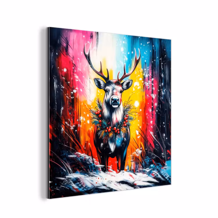 Aluminium schilderij - Rendier - Gewei - Krans - Kleurrijk — 1