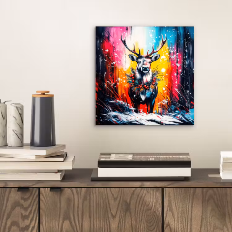 Aluminium schilderij - Rendier - Gewei - Krans - Kleurrijk — 2