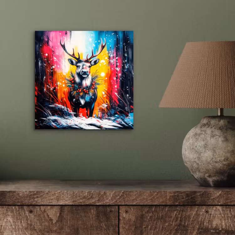 Aluminium schilderij - Rendier - Gewei - Krans - Kleurrijk — 3