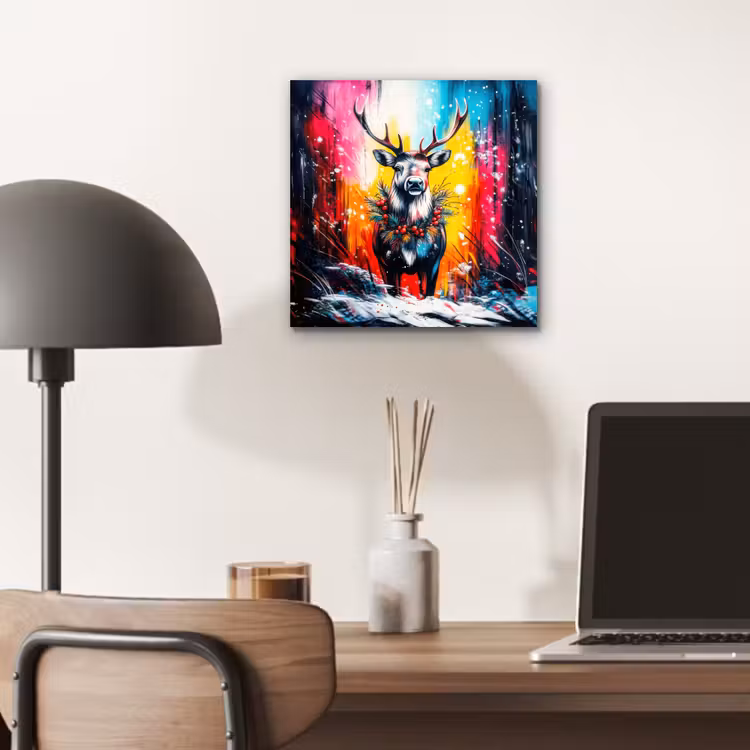 Aluminium schilderij - Rendier - Gewei - Krans - Kleurrijk — 6