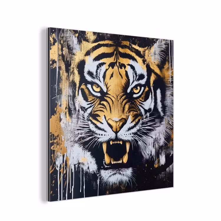 Aluminium schilderij - Tijger - Verfspatten - Goud — 1