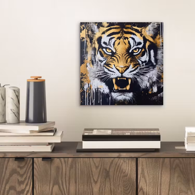 Aluminium schilderij - Tijger - Verfspatten - Goud — 2
