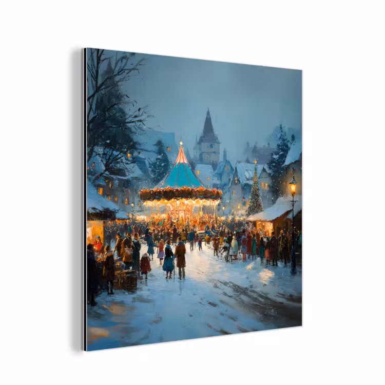 Aluminium schilderij - Winterkermis - Dorp - Kleurrijk — 1