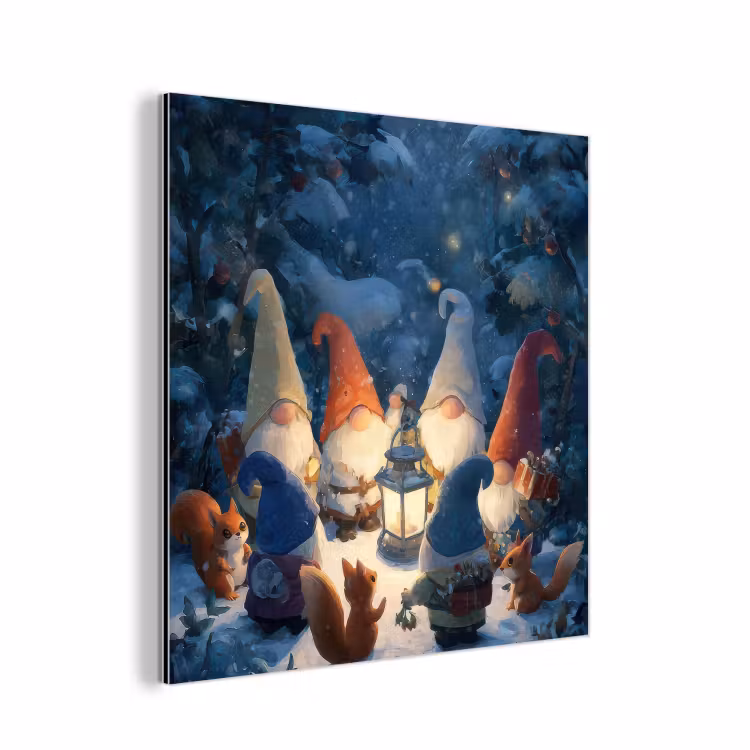 Aluminium schilderij - Winter - Gnooms - Eekhoorns - Meerkleurig — 1