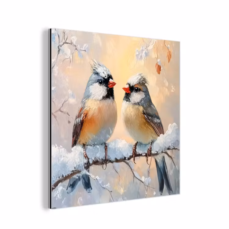 Aluminium schilderij - Vogels - Tak - Winter - Sneeuw — 1
