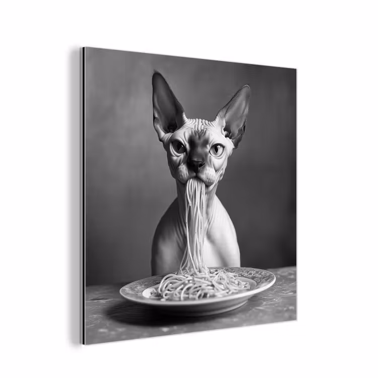 Aluminium schilderij - Sphynx - Kat - Dieren - Humor - Spaghetti - Zwart Wit — 1