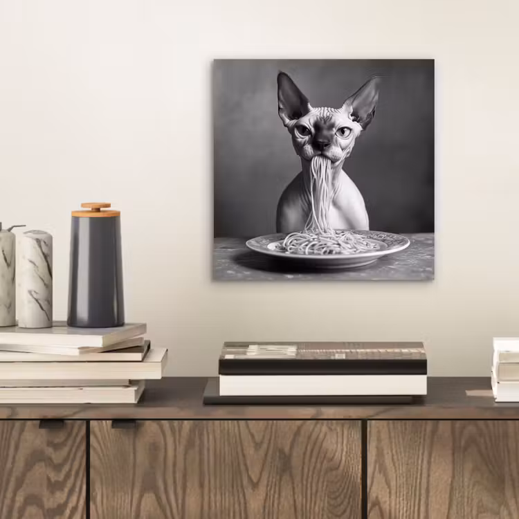 Aluminium schilderij - Sphynx - Kat - Dieren - Humor - Spaghetti - Zwart Wit — 2