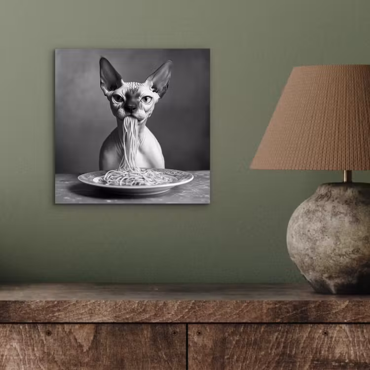 Aluminium schilderij - Sphynx - Kat - Dieren - Humor - Spaghetti - Zwart Wit — 3