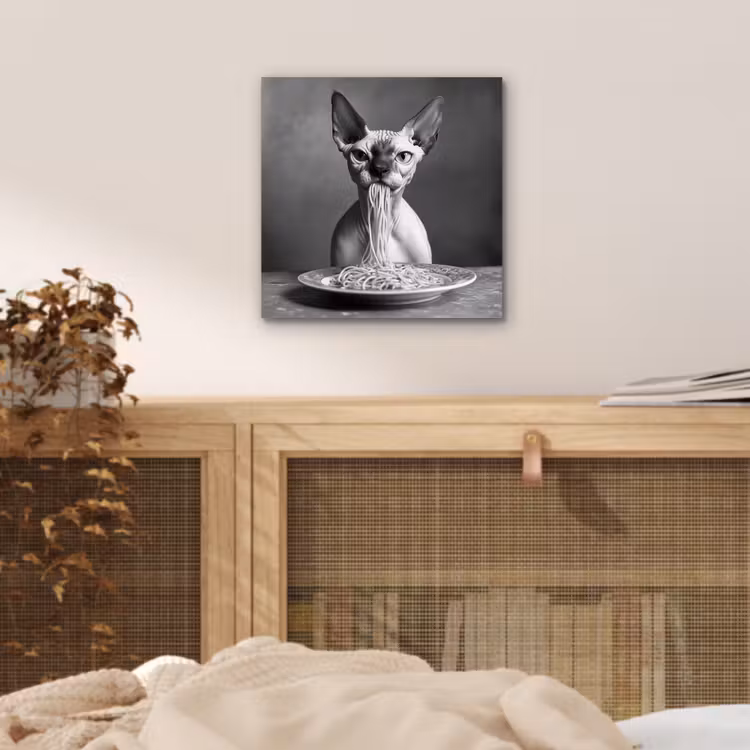 Aluminium schilderij - Sphynx - Kat - Dieren - Humor - Spaghetti - Zwart Wit — 4