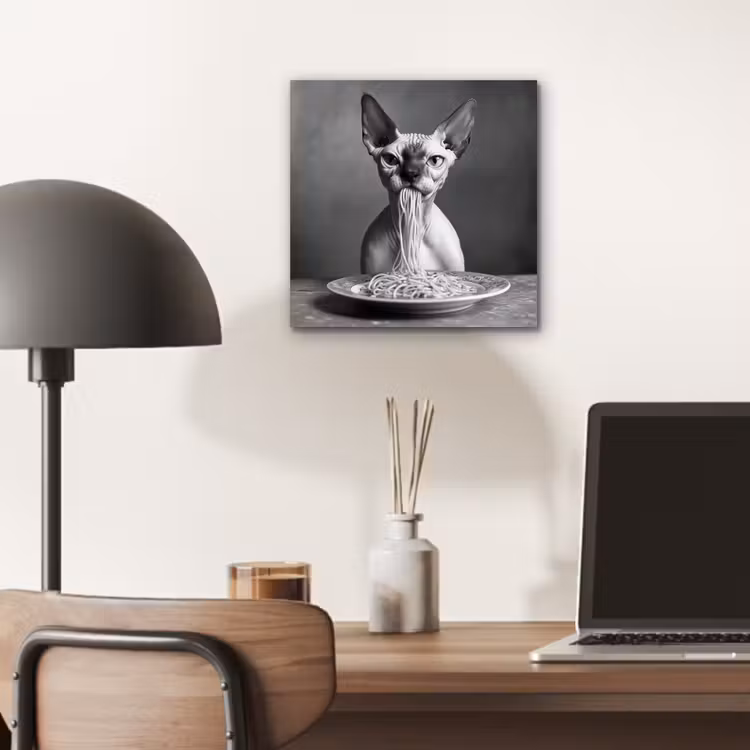 Aluminium schilderij - Sphynx - Kat - Dieren - Humor - Spaghetti - Zwart Wit — 6