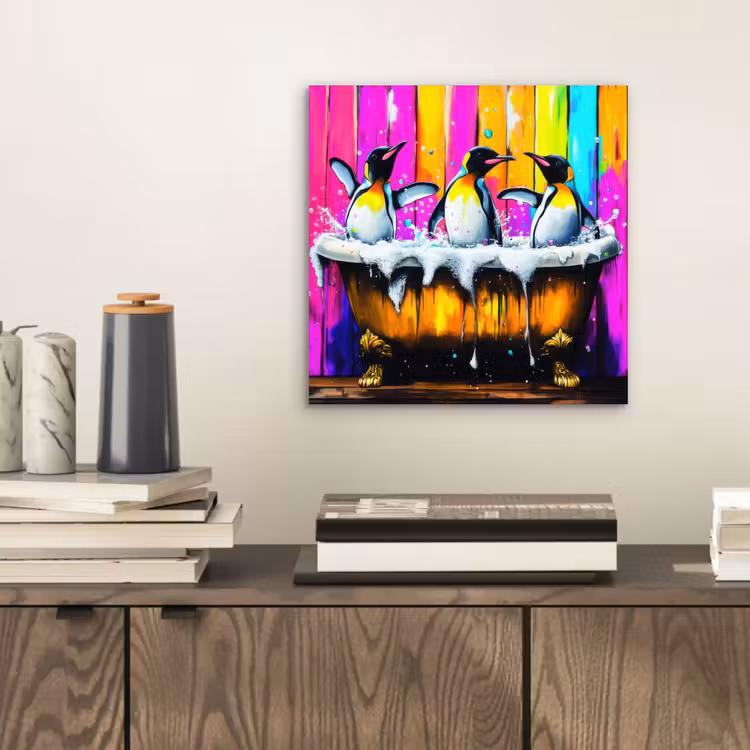 Aluminium schilderij - Pinguïns - Badkuip - Kleurrijk - Schuim — 2