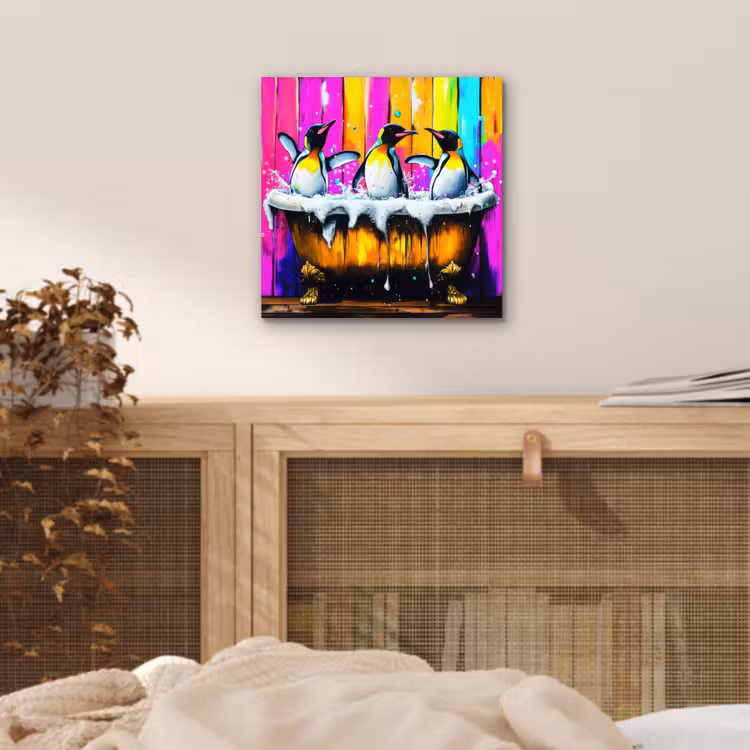 Aluminium schilderij - Pinguïns - Badkuip - Kleurrijk - Schuim — 4