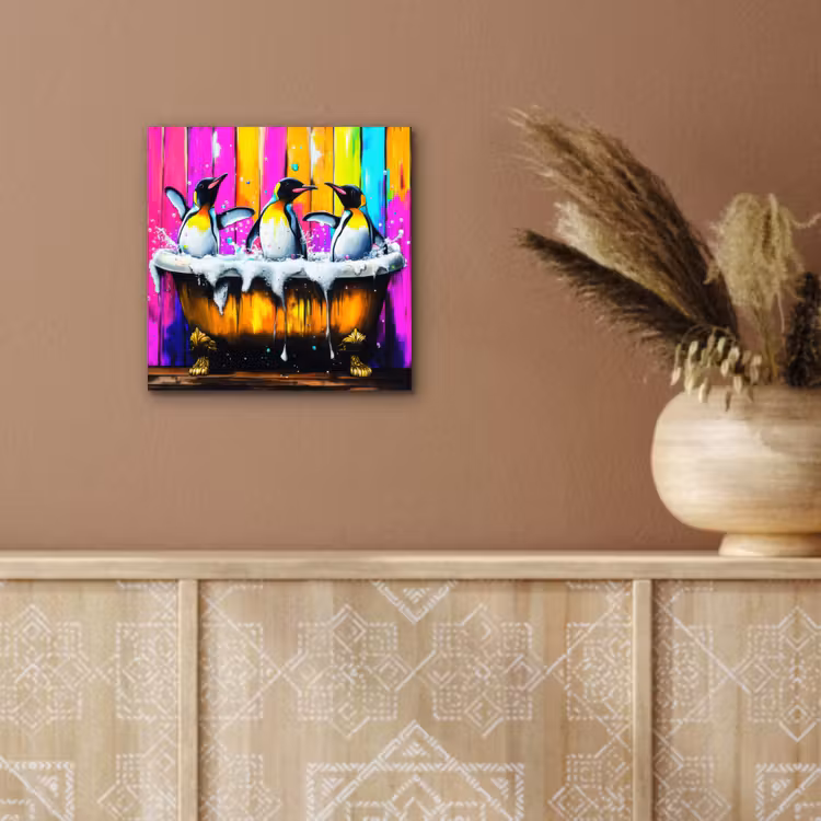 Aluminium schilderij - Pinguïns - Badkuip - Kleurrijk - Schuim — 5