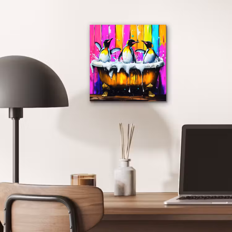 Aluminium schilderij - Pinguïns - Badkuip - Kleurrijk - Schuim — 6