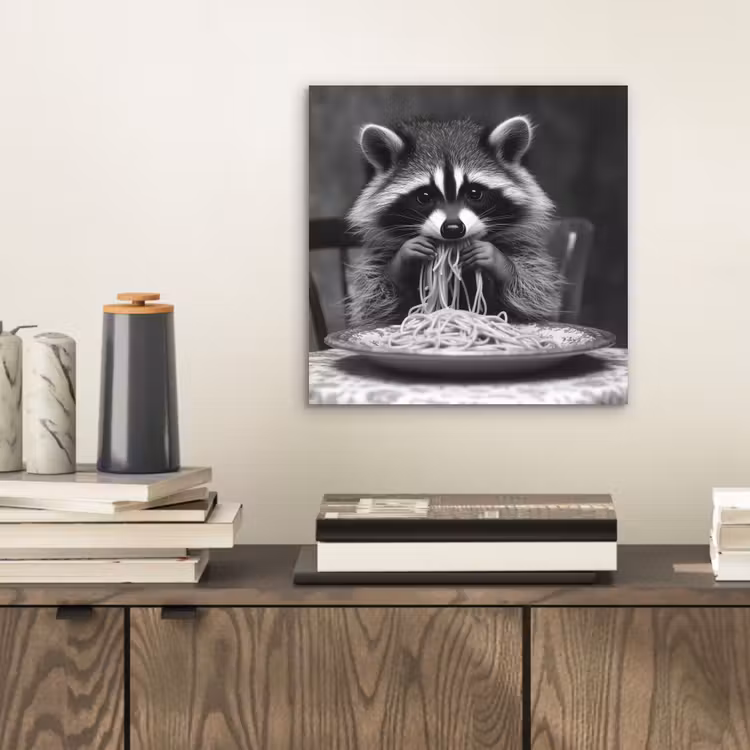 Aluminium schilderij - Wasbeer - Cute - Pasta - Tafelkleed - Zwart - Wit — 2
