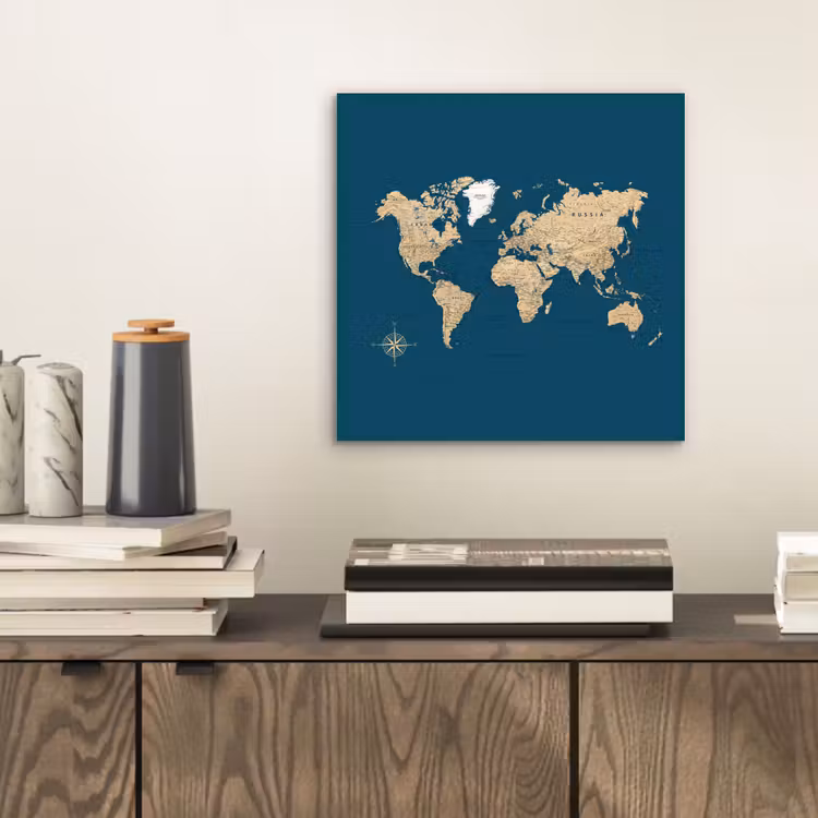 Aluminium schilderij - Wereldkaart - Donkerblauw - Beige — 2