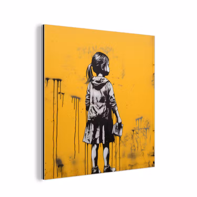 Aluminium schilderij - Meisje - Boek - Gele Muur - Graffiti — 1