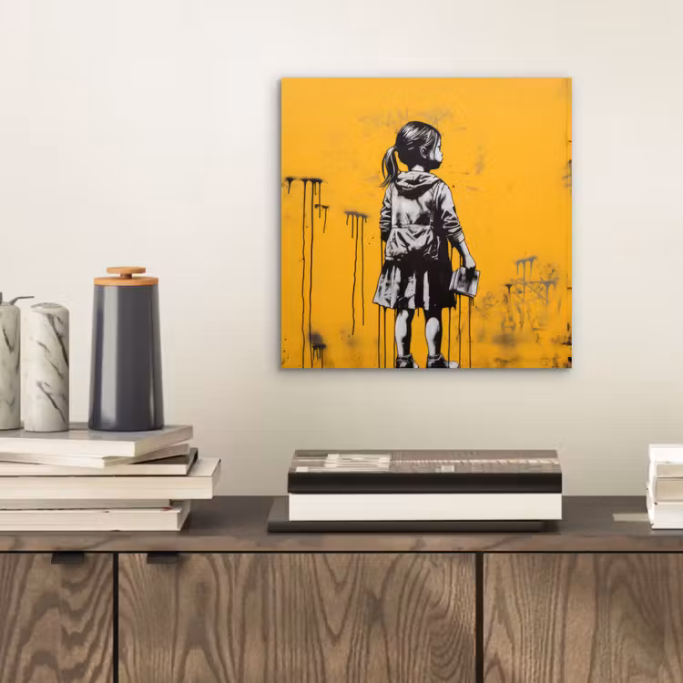 Aluminium schilderij - Meisje - Boek - Gele Muur - Graffiti — 2