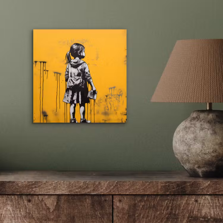 Aluminium schilderij - Meisje - Boek - Gele Muur - Graffiti — 3