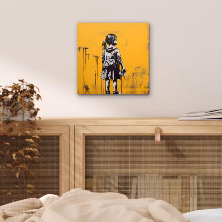 Aluminium schilderij - Meisje - Boek - Gele Muur - Graffiti — 4