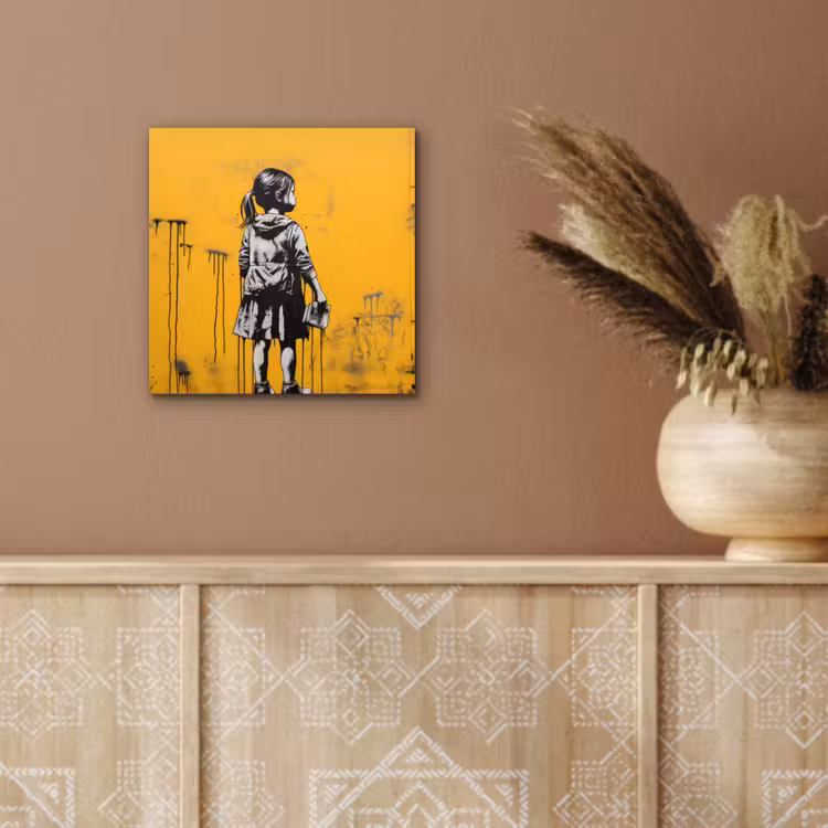 Aluminium schilderij - Meisje - Boek - Gele Muur - Graffiti — 5
