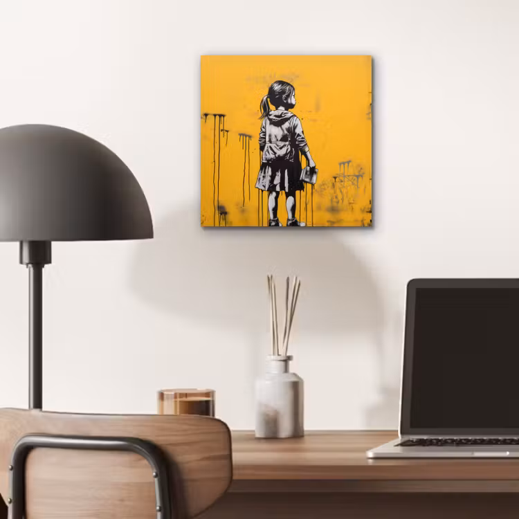Aluminium schilderij - Meisje - Boek - Gele Muur - Graffiti — 6