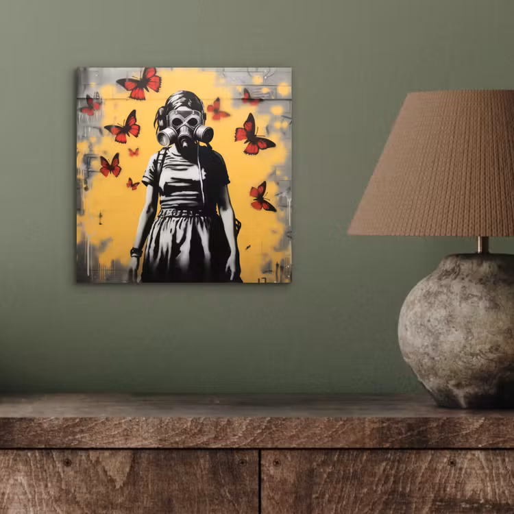 Aluminium schilderij - Meisje - Gasmasker - Vlinders - Graffiti — 3